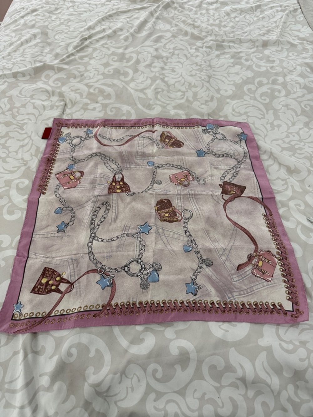 Silk-Look Pink Chain & Charm Square Scarf